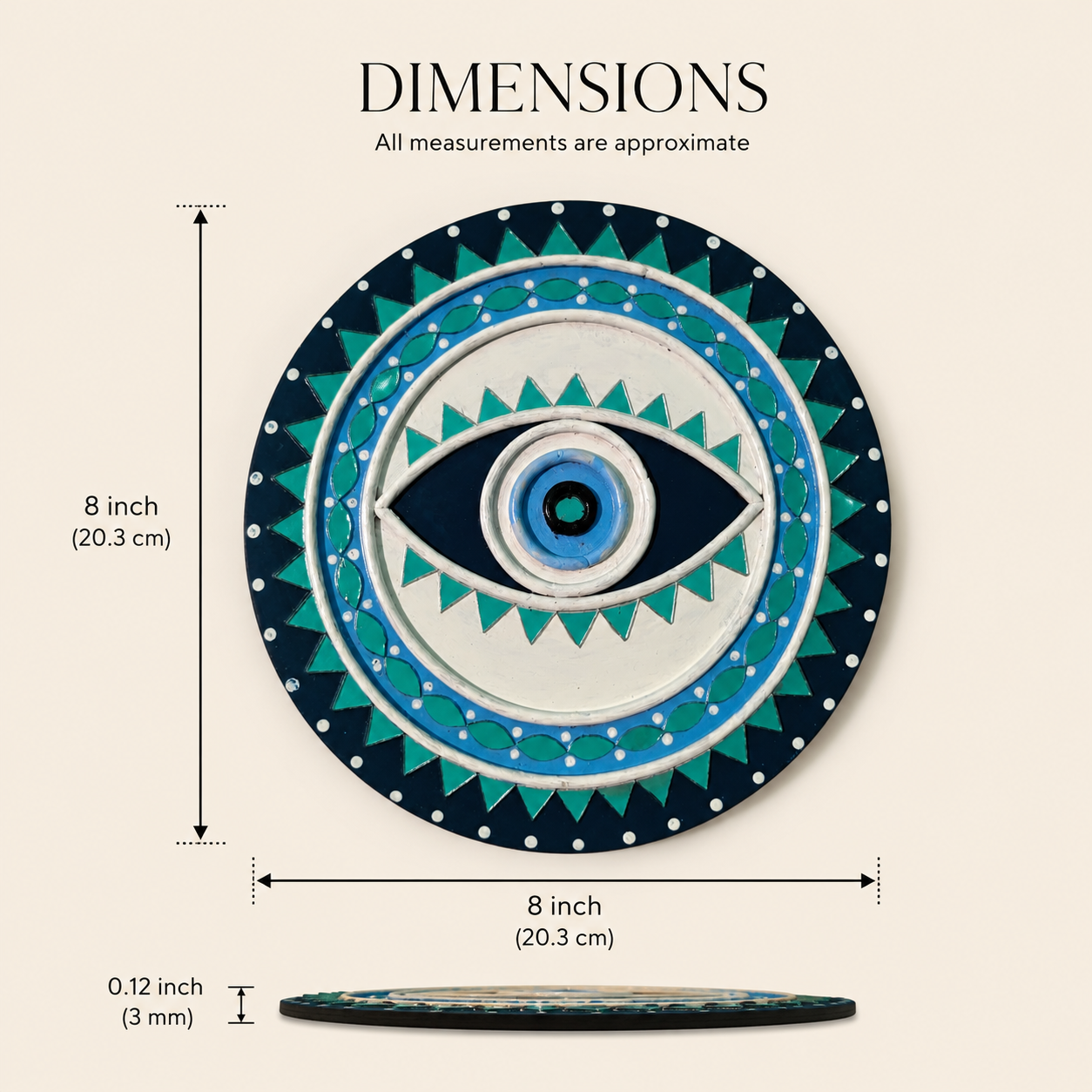 Handcrafted Evil Eye Lippan Art Wall Hanging (8-Inch MDF Base) – Traditional Mud & Mirror Work Protection Charm