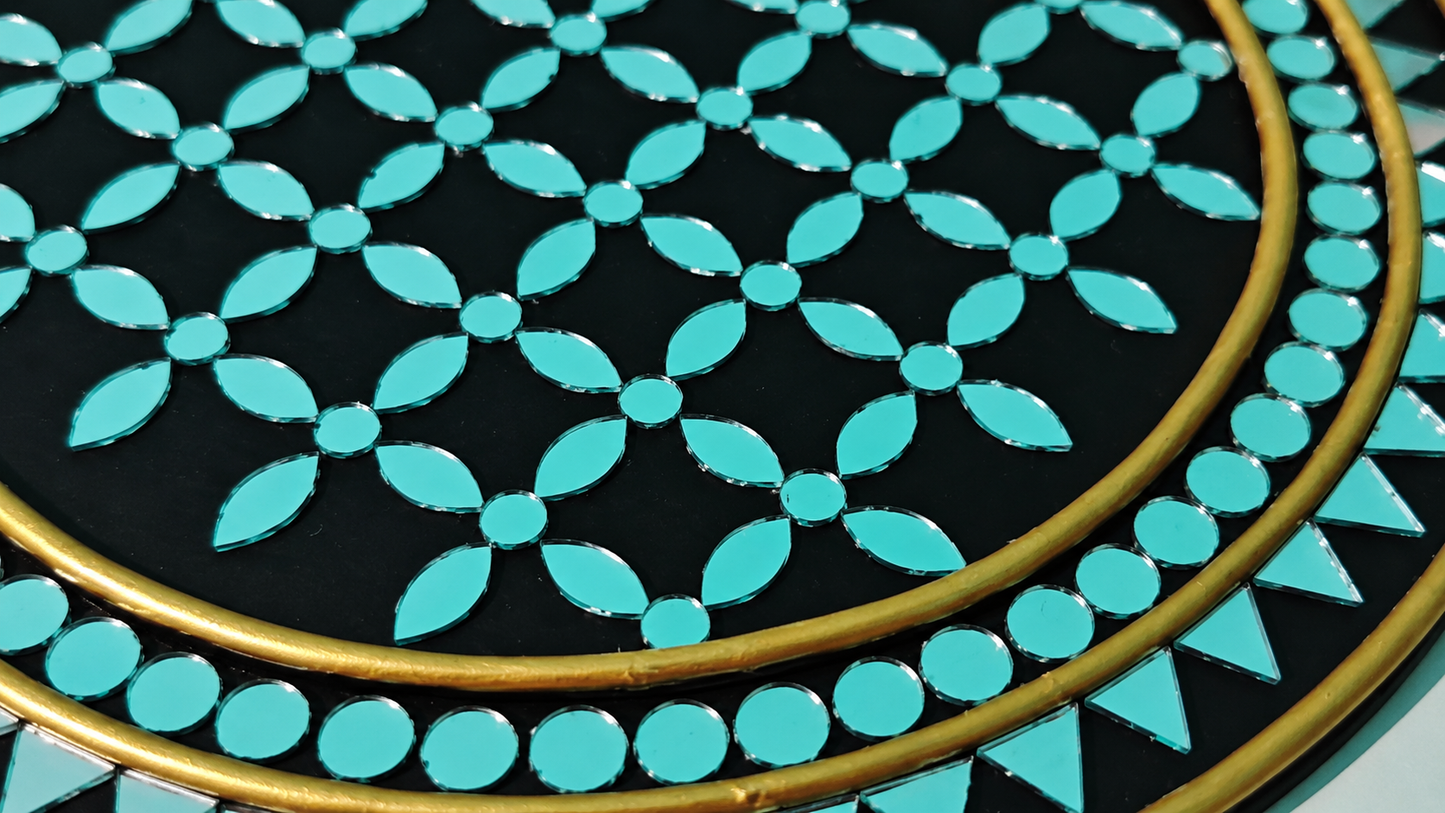 Handcrafted Luxury Turquoise Floral Grid Lippan Art (10-Inch MDF Base) – Premium Black & Gold Mud-Mirror Work Mandala
