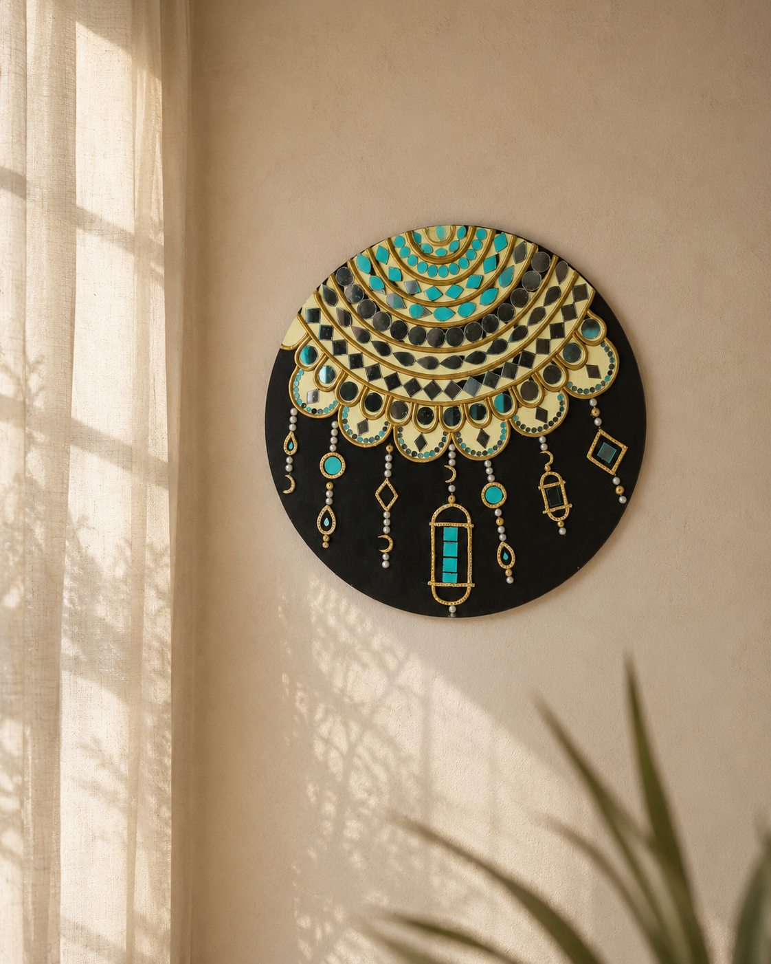 Handcrafted Luxury Jharokha Archway Lippan Art Wall Hanging (16-Inch MDF Base) – Premium Gold & Turquoise Mud-Mirror Work