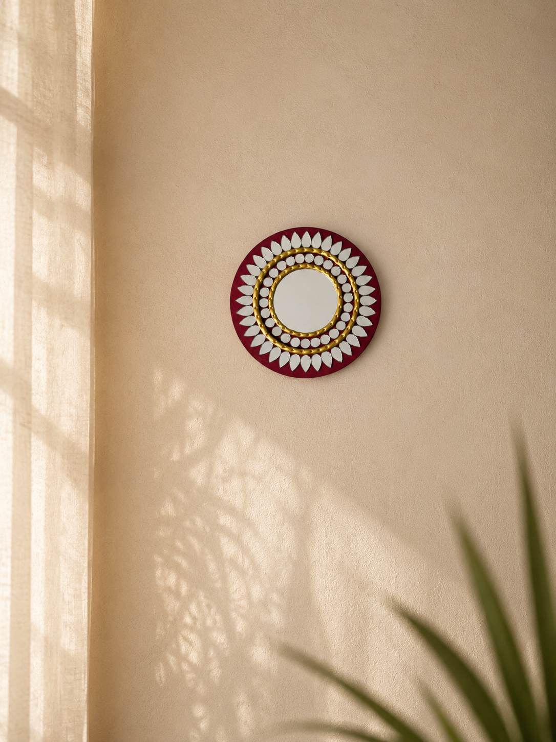 Handcrafted Regal Burgundy & Gold Lippan Art Mirror (6-Inch MDF Base) – Traditional Mud & Mirror Work Wall Accent