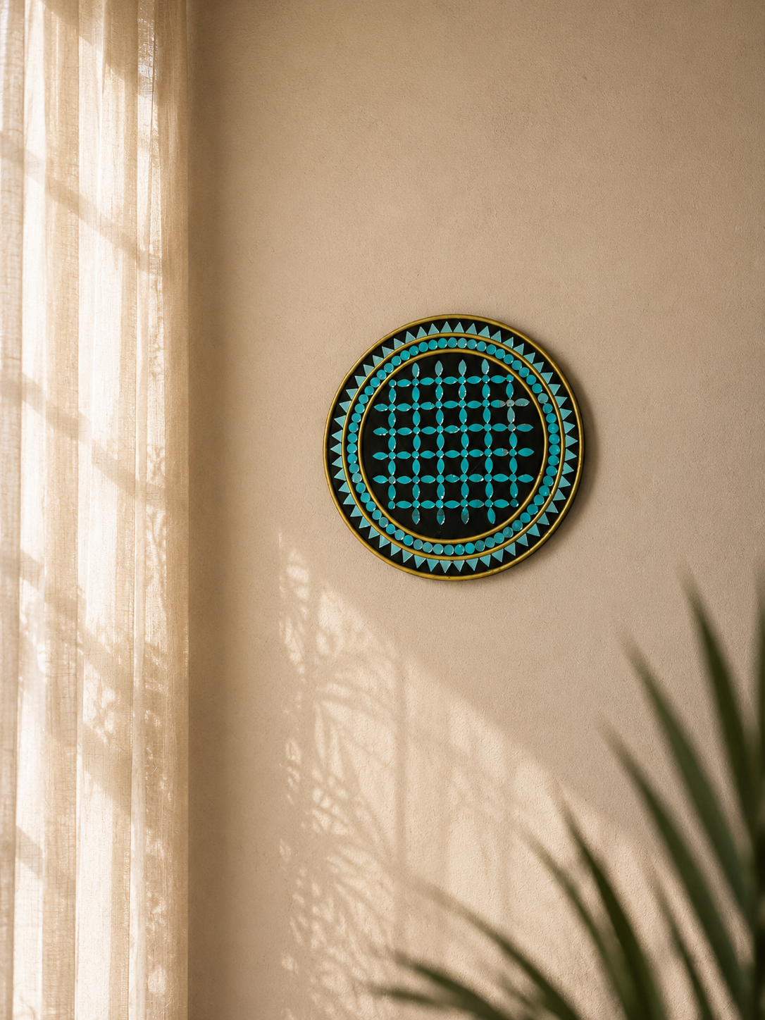 Handcrafted Luxury Turquoise Floral Grid Lippan Art (10-Inch MDF Base) – Premium Black & Gold Mud-Mirror Work Mandala
