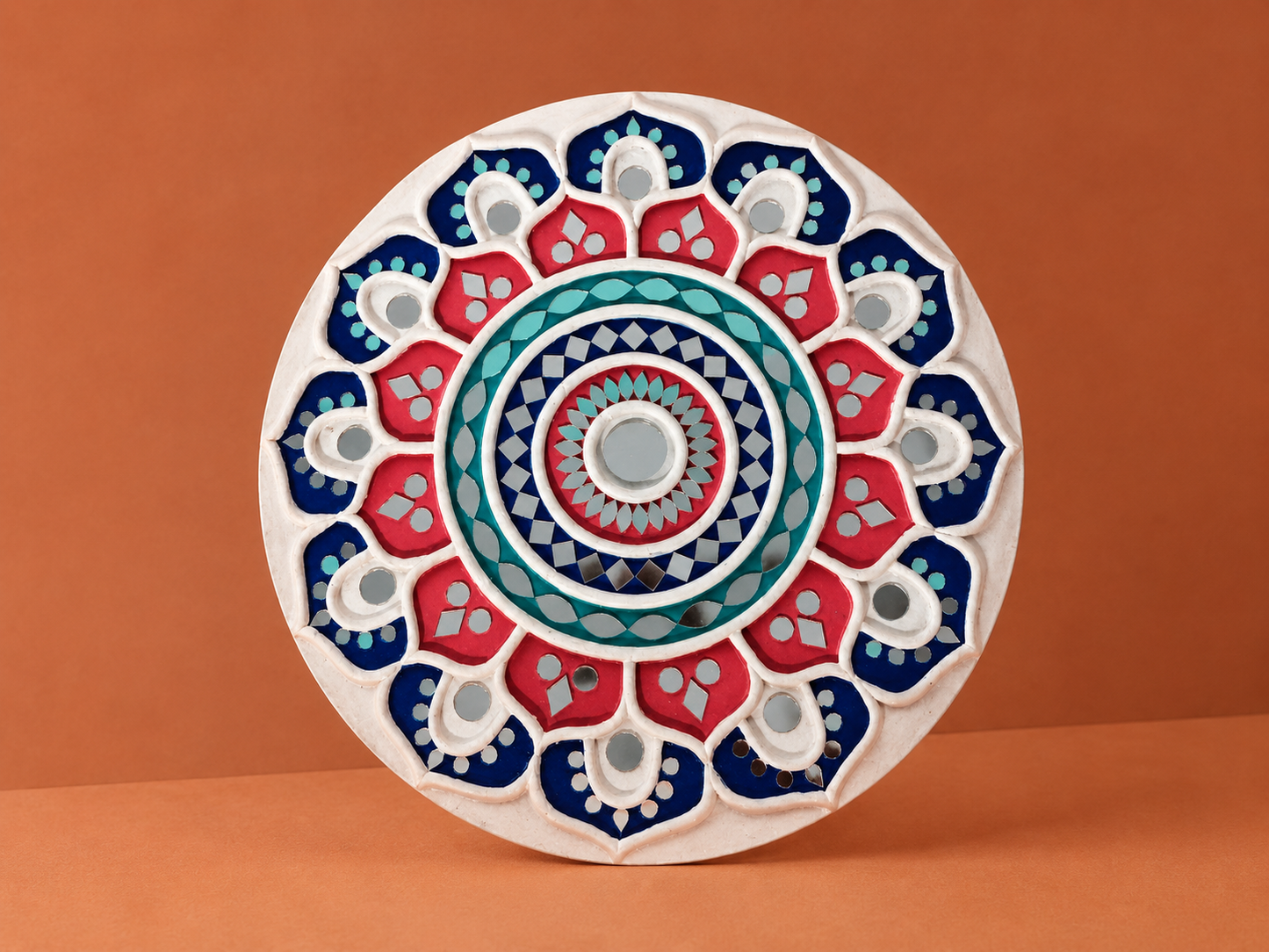 Handcrafted Royal Lotus Mandala Lippan Art Wall Mirror (10-Inch MDF Base) – Premium Crimson & Blue Mud-Mirror Work
