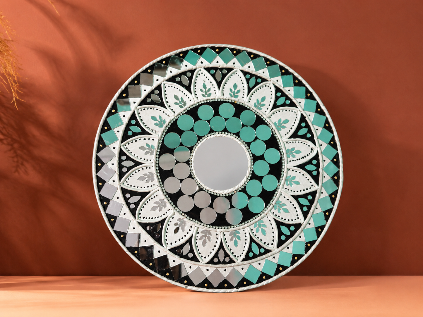 Handcrafted Luxury Sunflower Mandala Lippan Art Wall Mirror (12-Inch MDF Base) – Premium Teal & Monochrome Mud-Mirror Work