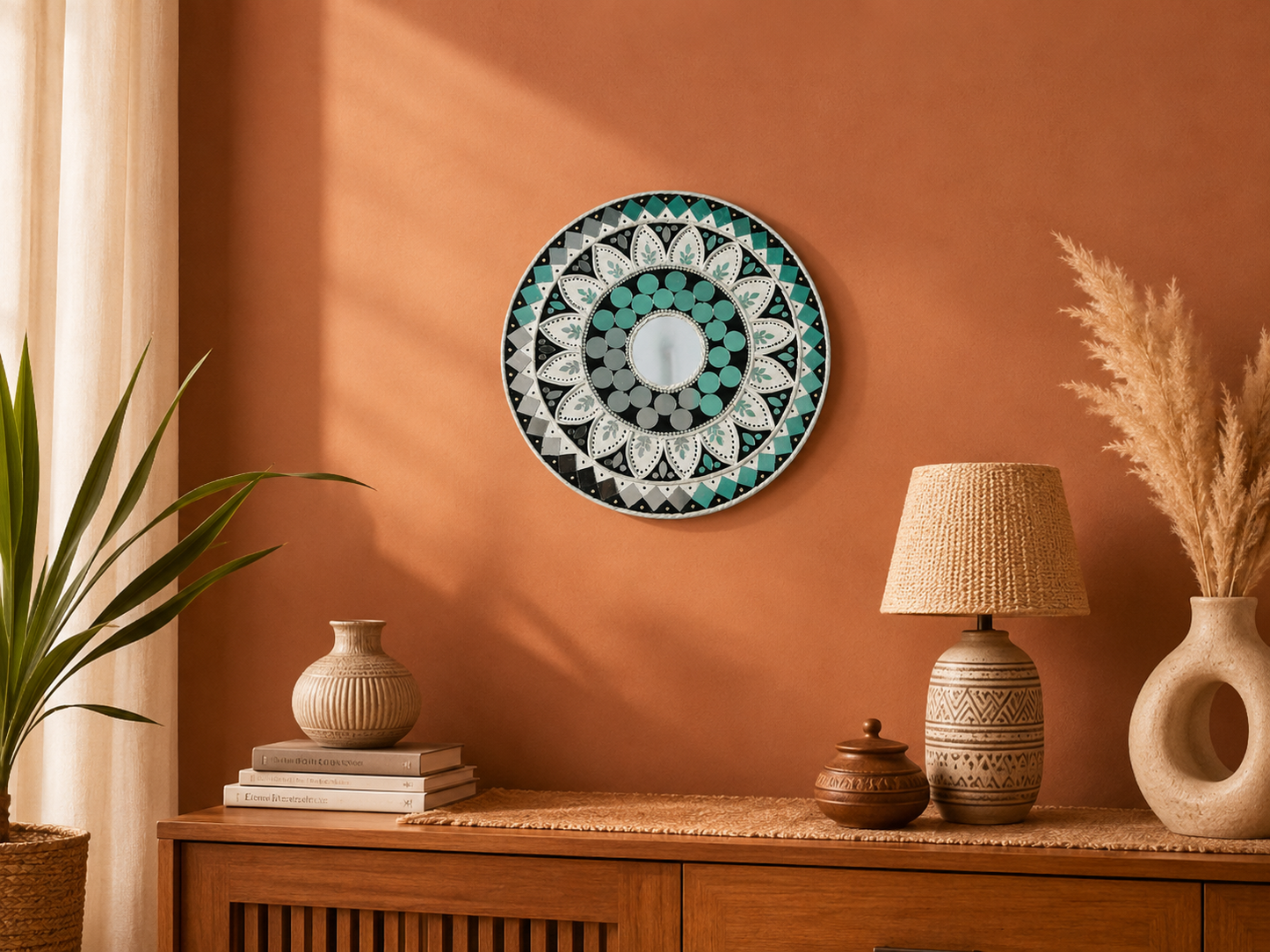 Handcrafted Luxury Sunflower Mandala Lippan Art Wall Mirror (12-Inch MDF Base) – Premium Teal & Monochrome Mud-Mirror Work