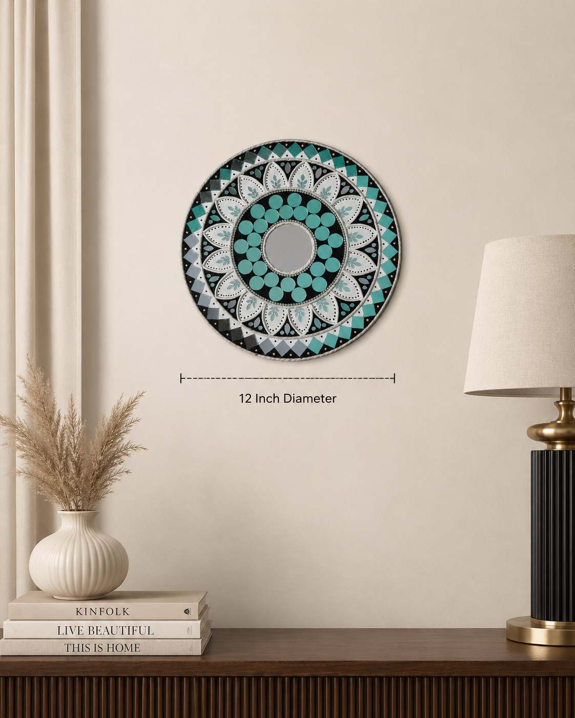 Handcrafted Luxury Sunflower Mandala Lippan Art Wall Mirror (12-Inch MDF Base) – Premium Teal & Monochrome Mud-Mirror Work