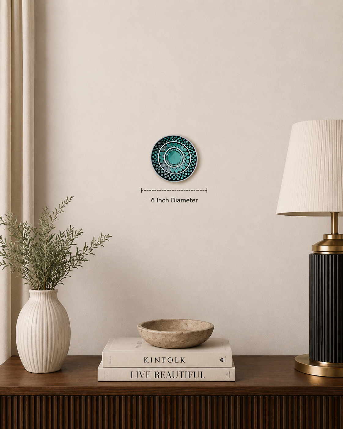 Handcrafted Teal & Green Round Lippan Art Wall Hanging (6-Inch MDF Base) – Traditional Indian Clay Mirror Work