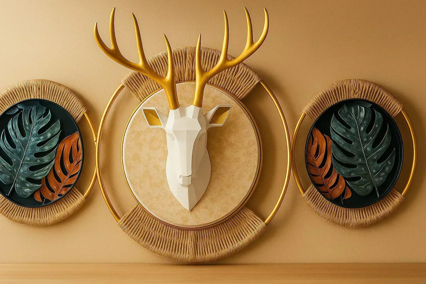 Illuminated Modern Wall Art – Resin & Metal Deer Head with LED Backlight & Tropical Leaves