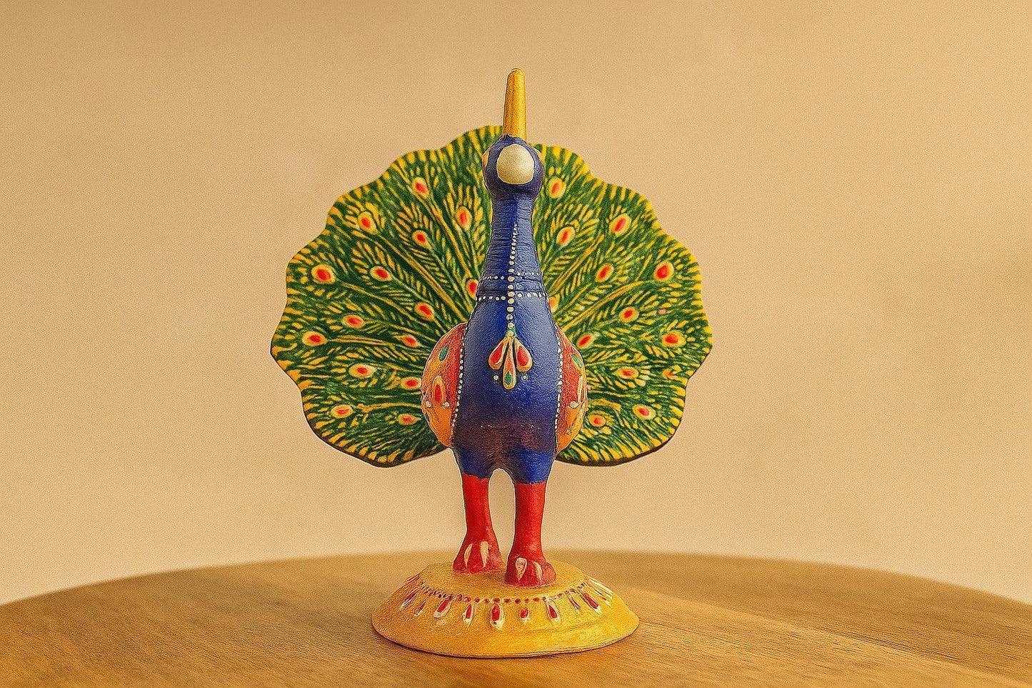Handpainted Brass Peacock Figurine – Vibrant Indian Decor Accent – Traditional Folk Art for Home & Gifting
