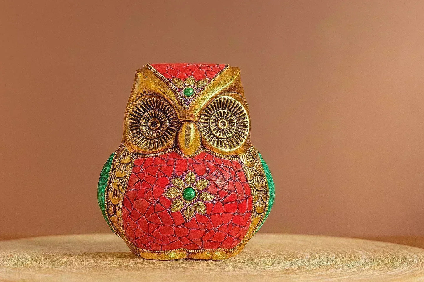 Handcrafted Metal Owl Figurine with Mosaic Stone Art - Decorative Brass Owl Statue for Home Decor - Wisdom Symbol Gift