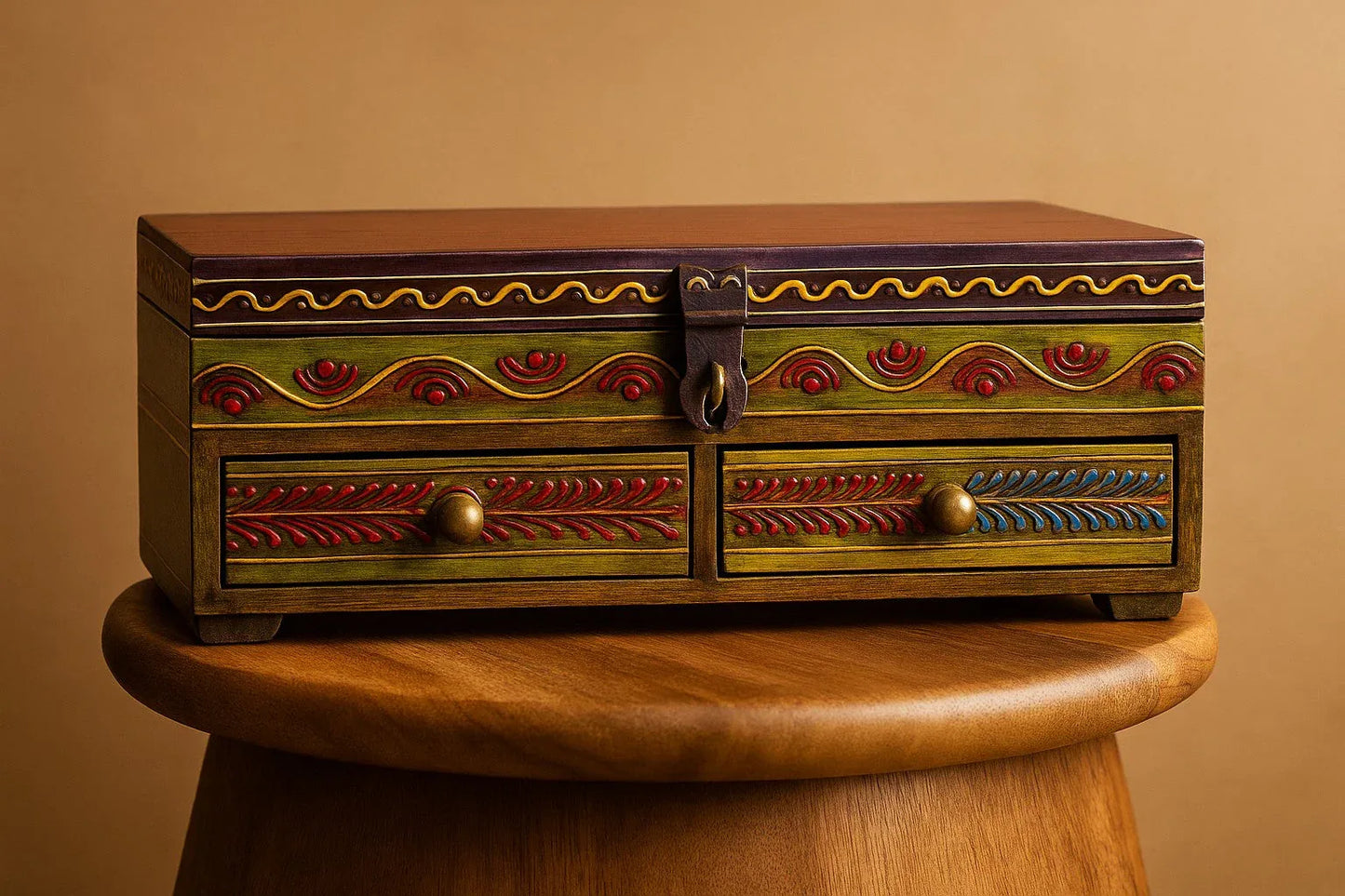 Handpainted Wooden Jewelry Box with Drawers - Folk Art Multi-Compartment Organizer - Traditional Indian Storage Chest with Floral Mandala Design