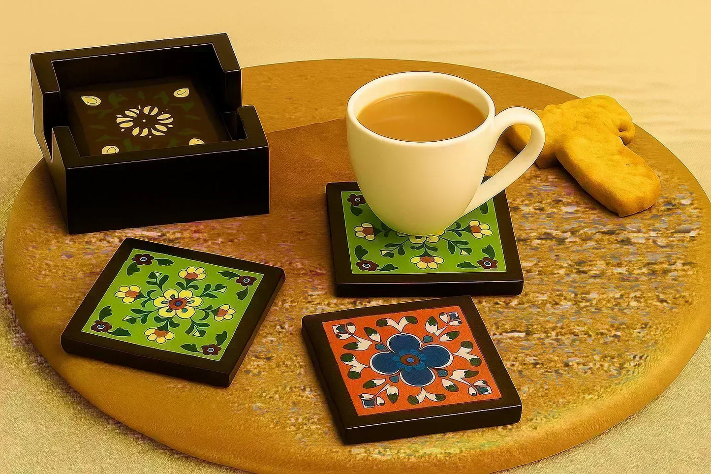 Hand-Painted Wooden Coaster Set with Ceramic Tiles - Set of 4 (4x4 Inch) with Holder