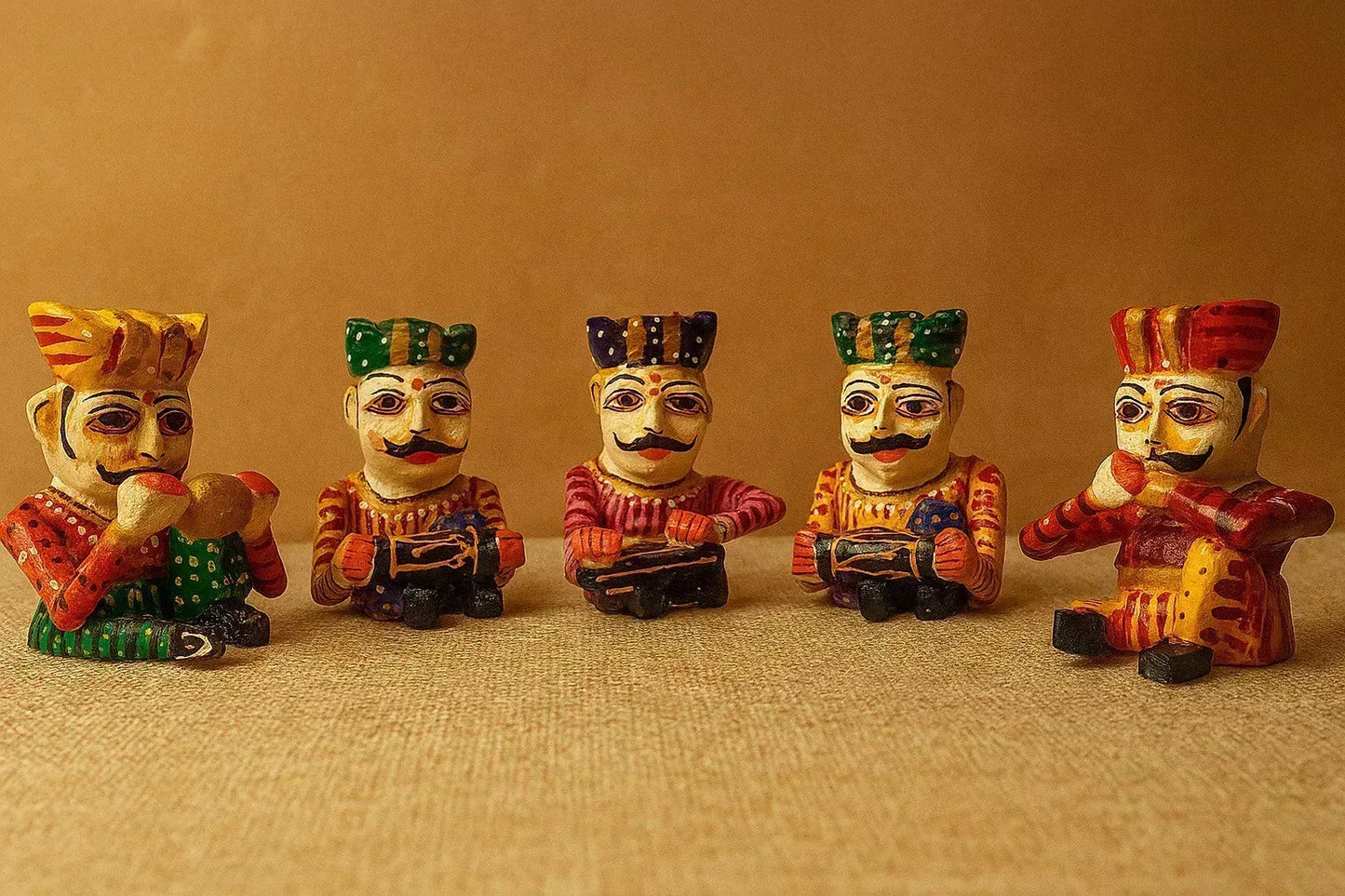 Handcrafted Rajasthani Wooden Musician Set โ Colorful Folk Art Home Decor โ Indian Cultural Figurines