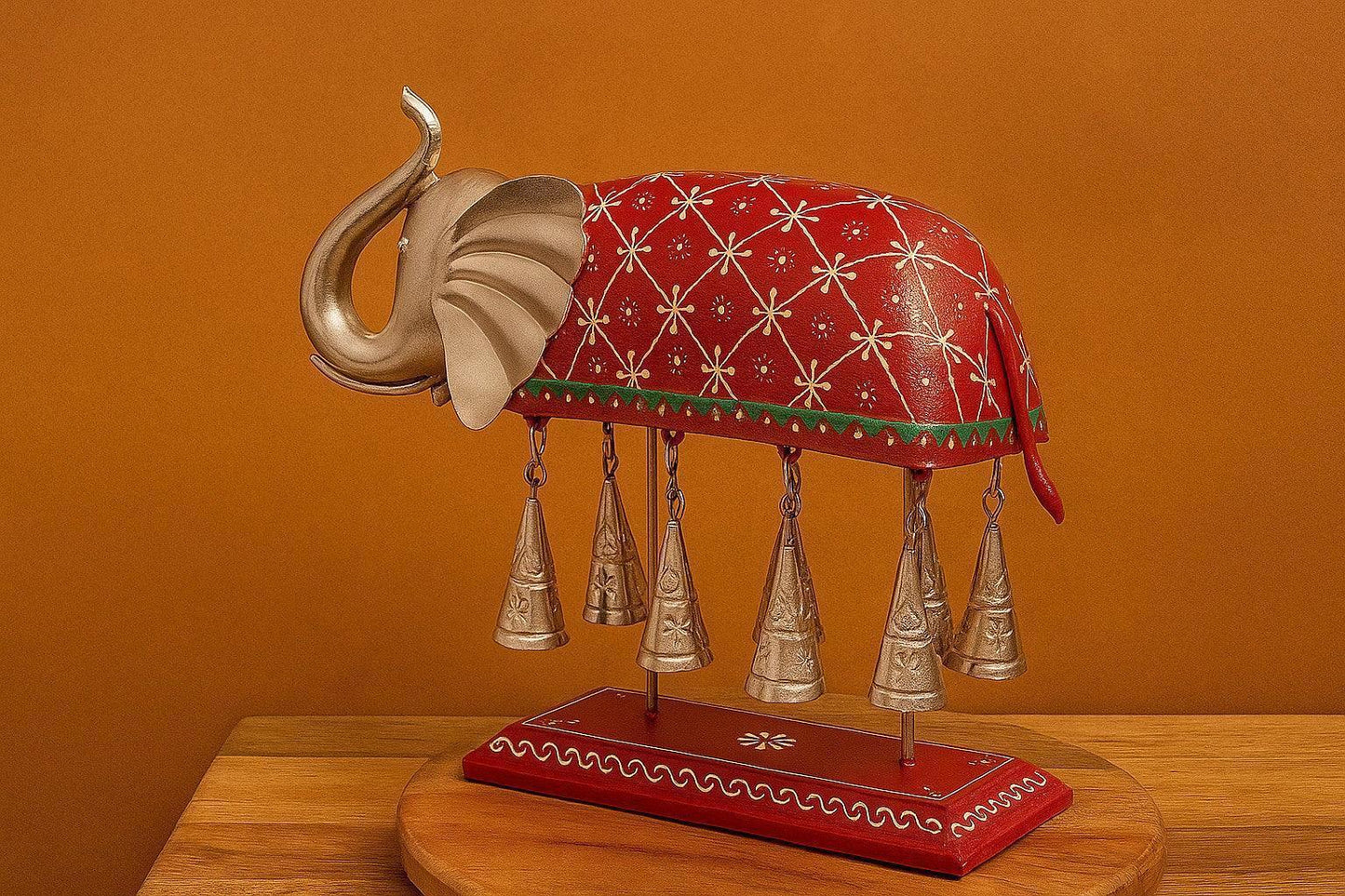Hand-Painted Metal Elephant Showpiece with Hanging Bells - Rajasthani Good Luck Figurine