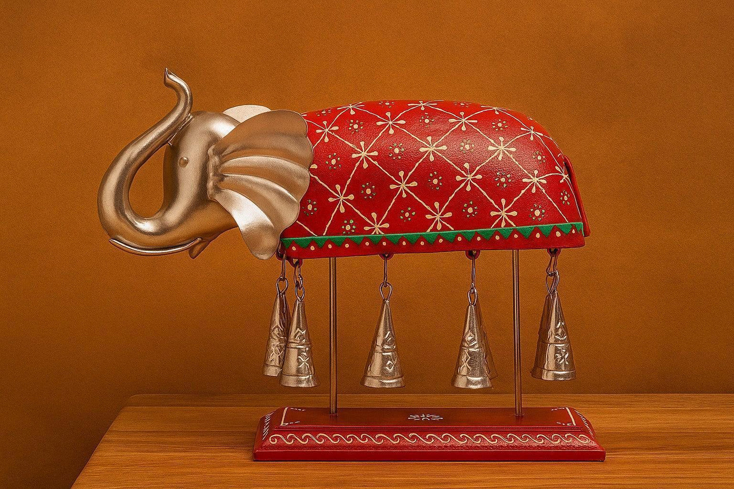 Hand-Painted Metal Elephant Showpiece with Hanging Bells - Rajasthani Good Luck Figurine