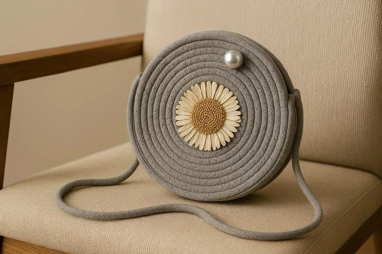 Handcrafted Round Sling Bag with Woven Sunflower - Boho Chic Coiled Rope Purse