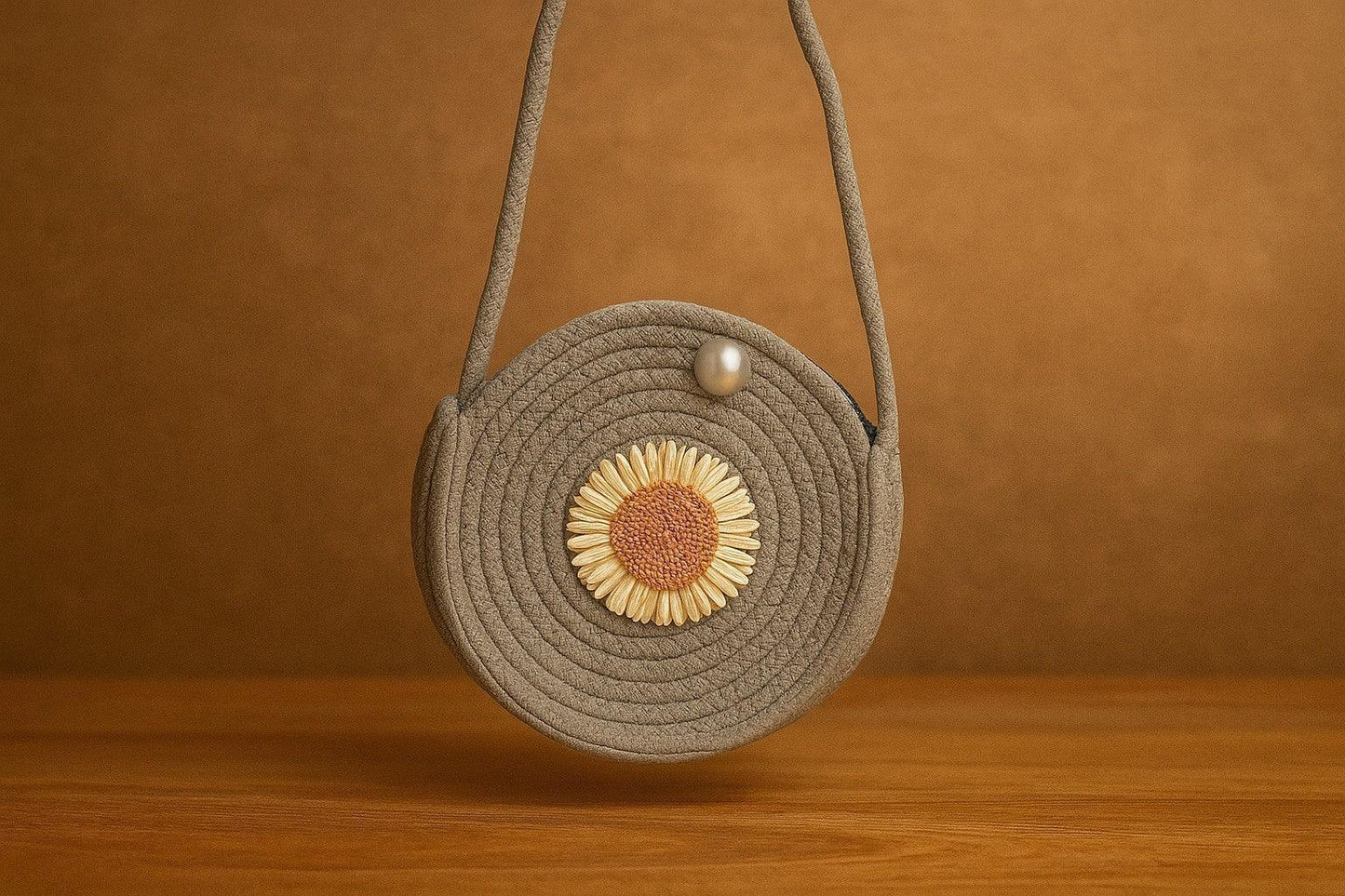 Handcrafted Round Sling Bag with Woven Sunflower - Boho Chic Coiled Rope Purse
