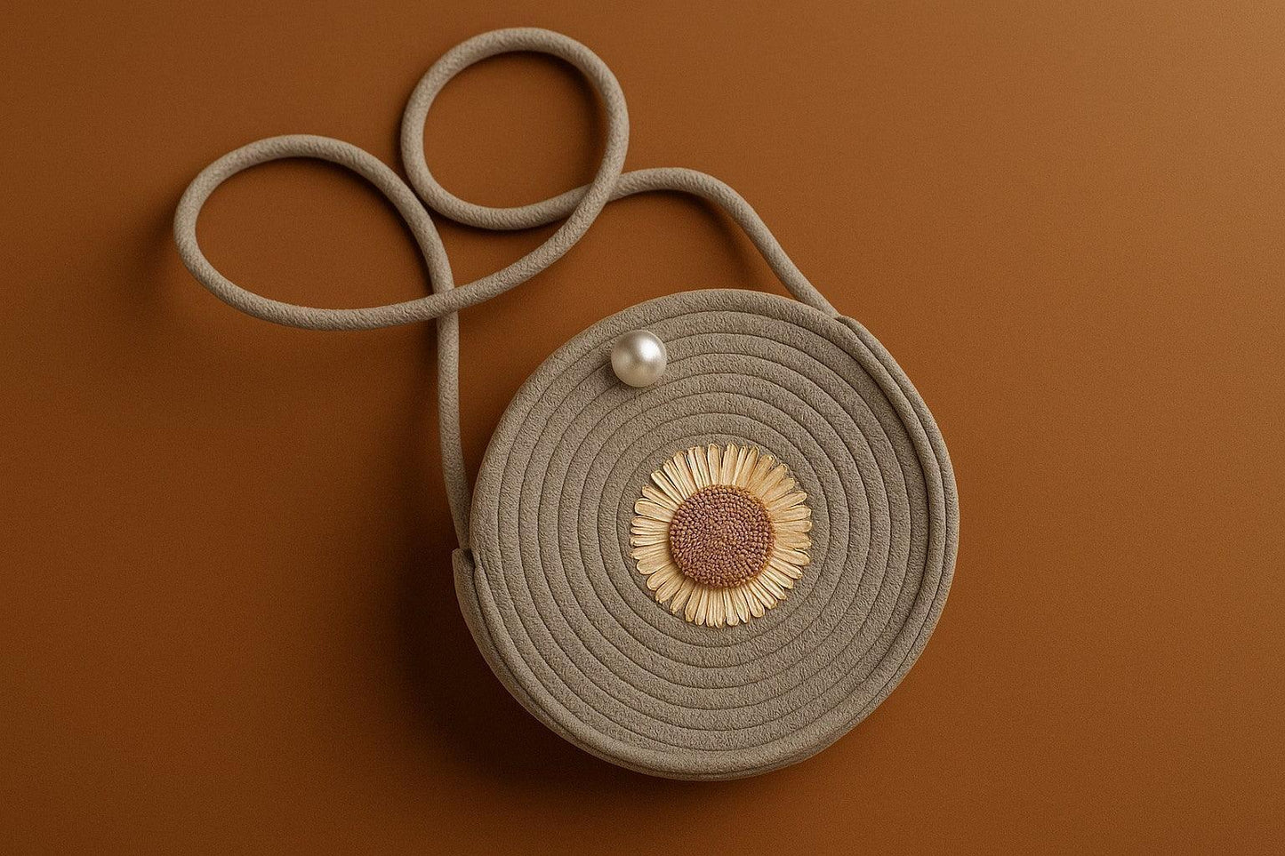 Handcrafted Round Sling Bag with Woven Sunflower - Boho Chic Coiled Rope Purse