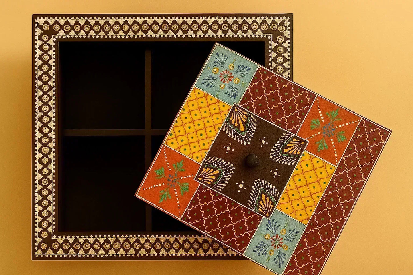 Handpainted Wooden Spice Box - 4-Compartment Masala & Dry Fruit Box with Rajasthani Folk Art Lid