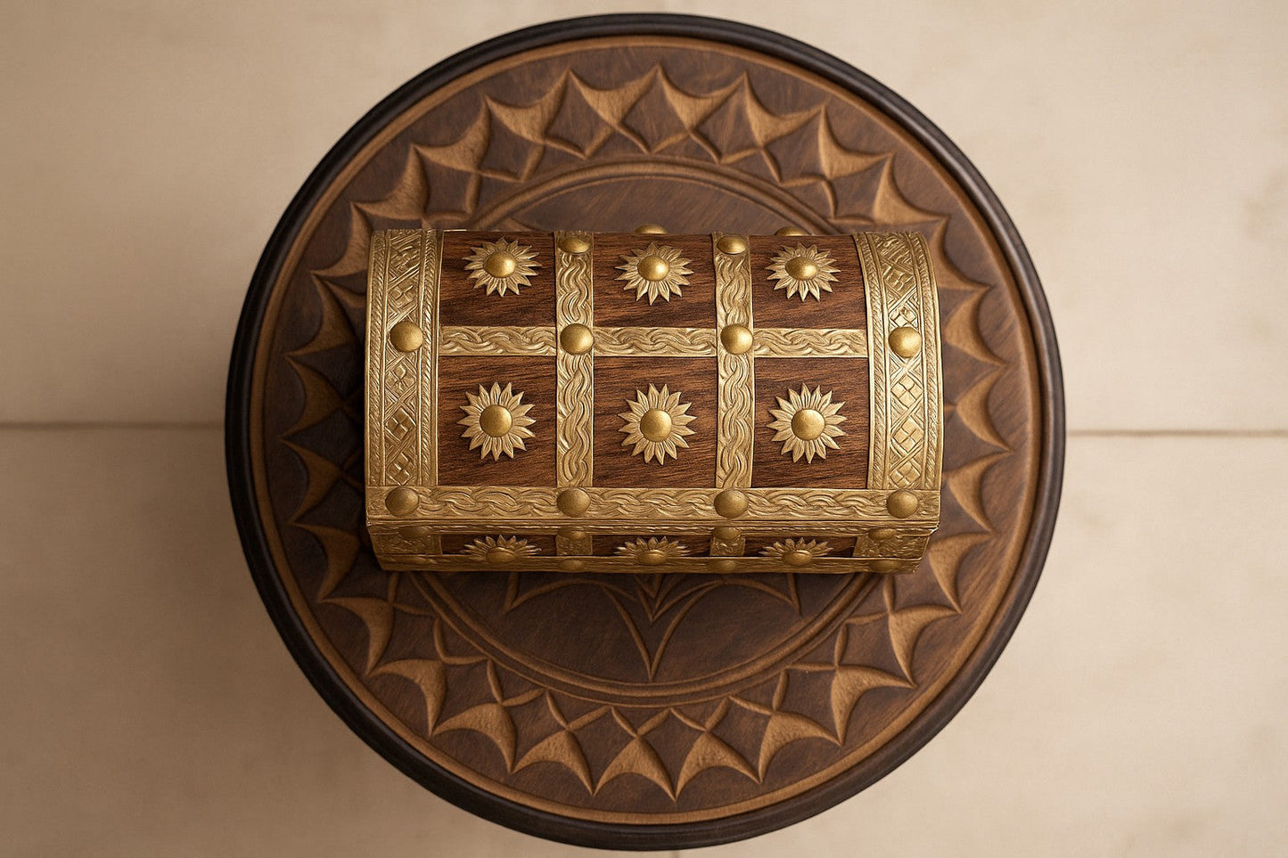 Handcrafted Wooden Jewelry Box with Brass Work - Vintage-Style Treasure Chest