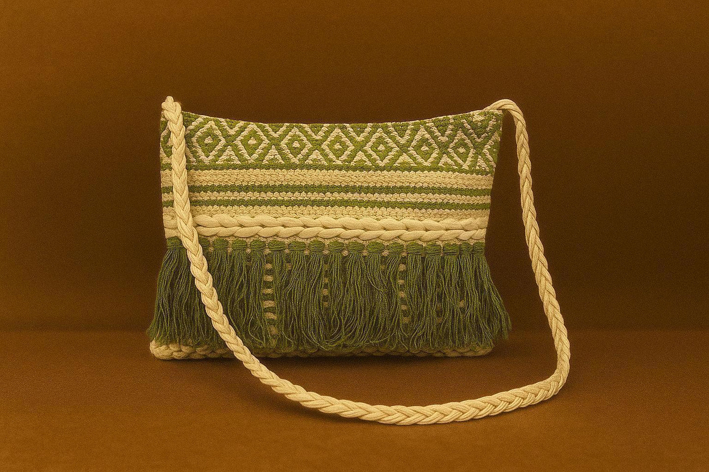 Handcrafted Boho Geometric Sling Bag - Woven Jacquard Crossbody with Braided Strap