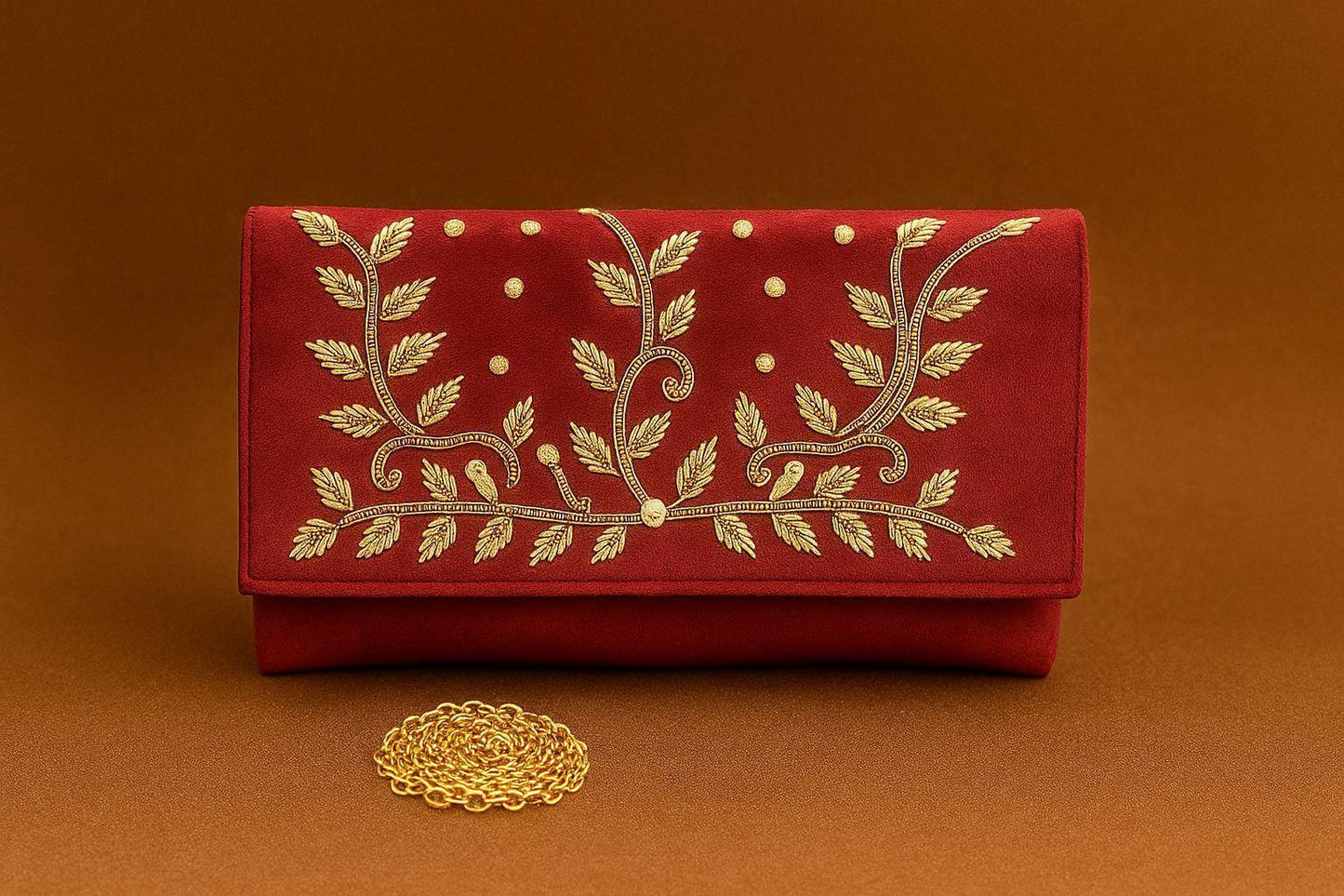 Handcrafted Velvet Envelope Clutch with Zari Embroidery - Golden Vine Party Bag