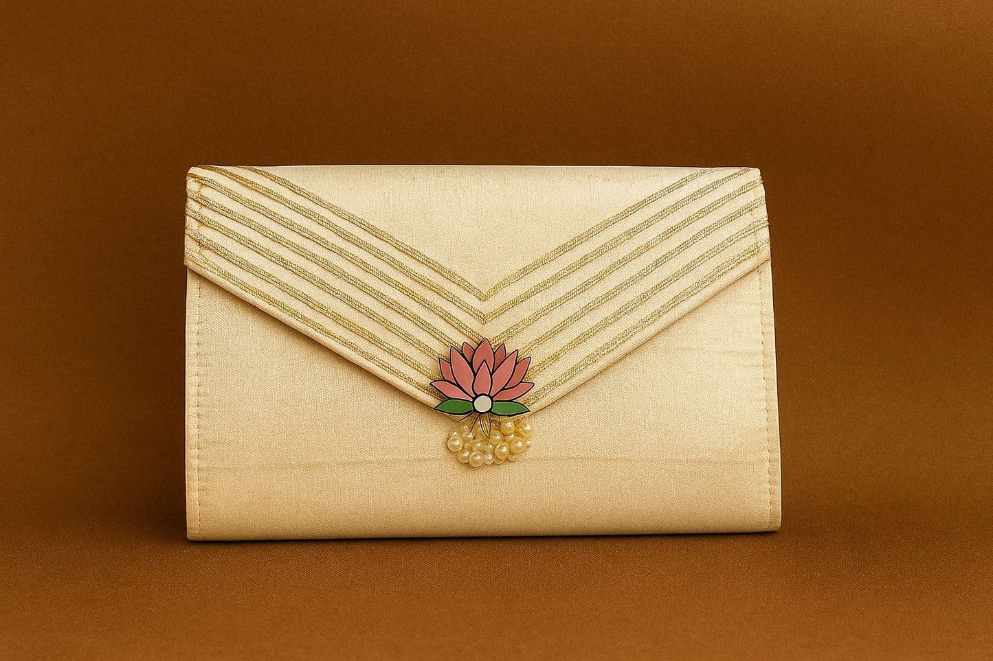 Handcrafted Satin Envelope Clutch with Lotus Motif - Festive Gota Work Bag