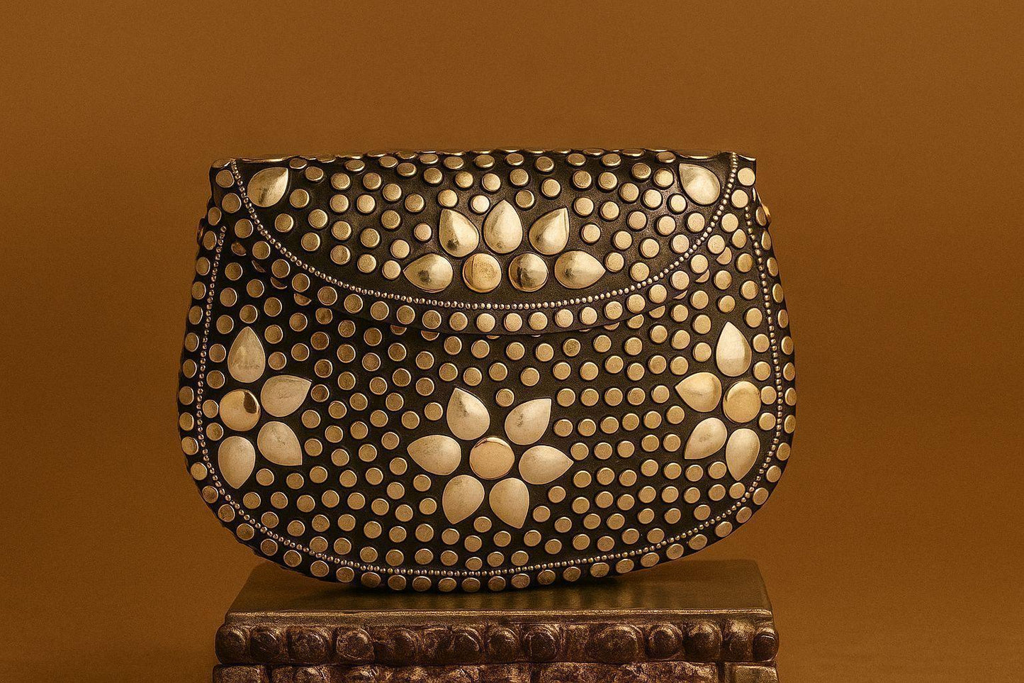 Handcrafted Mosaic Stone & Metal Studded Clutch - Geometric Evening Sling Bag