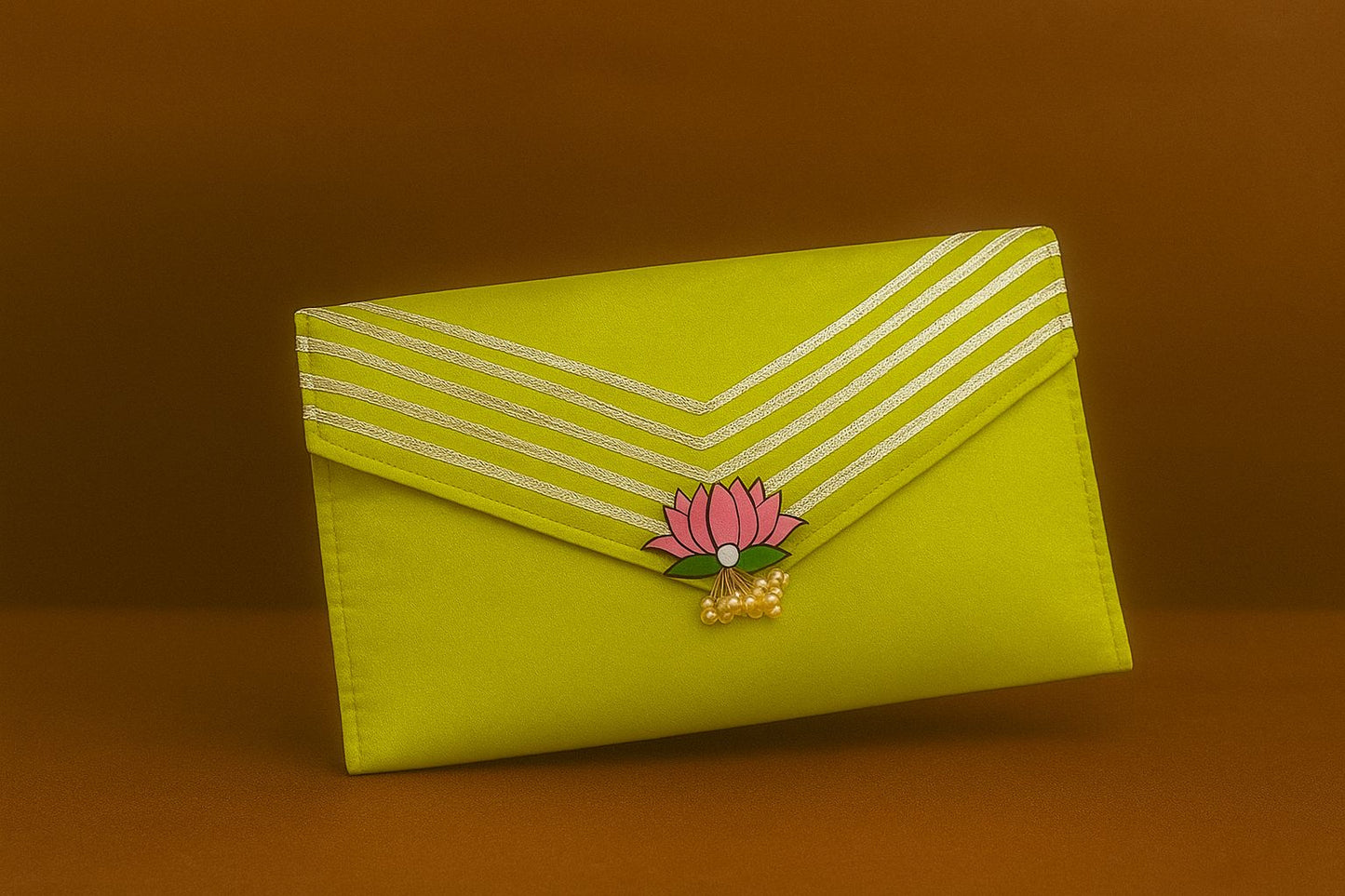 Handcrafted Satin Envelope Clutch with Lotus Motif - Festive Gota Work Bag