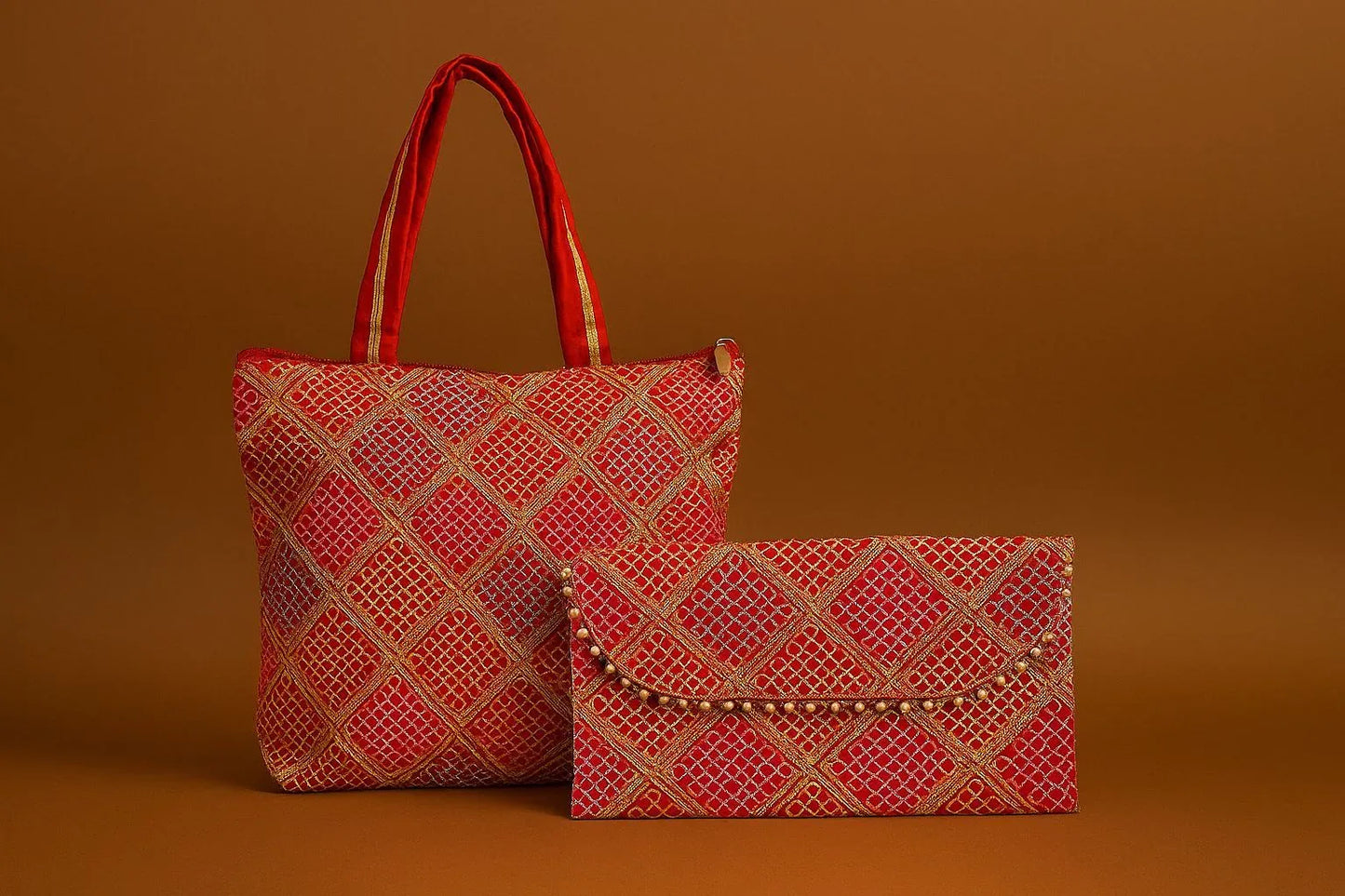 Handcrafted Embroidered Tote & Clutch Combo Set - Ethnic Shoulder Bag with Matching Evening Purse