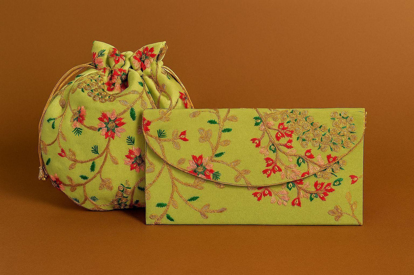 Handcrafted Floral Embroidered Potli & Clutch Combo - Ethnic Pearl Handle Set