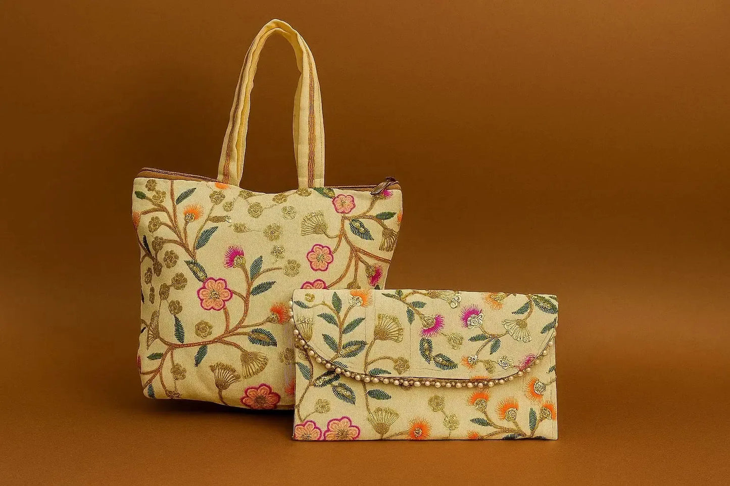 Handcrafted Embroidered Tote & Clutch Combo Set - Ethnic Shoulder Bag with Matching Evening Purse