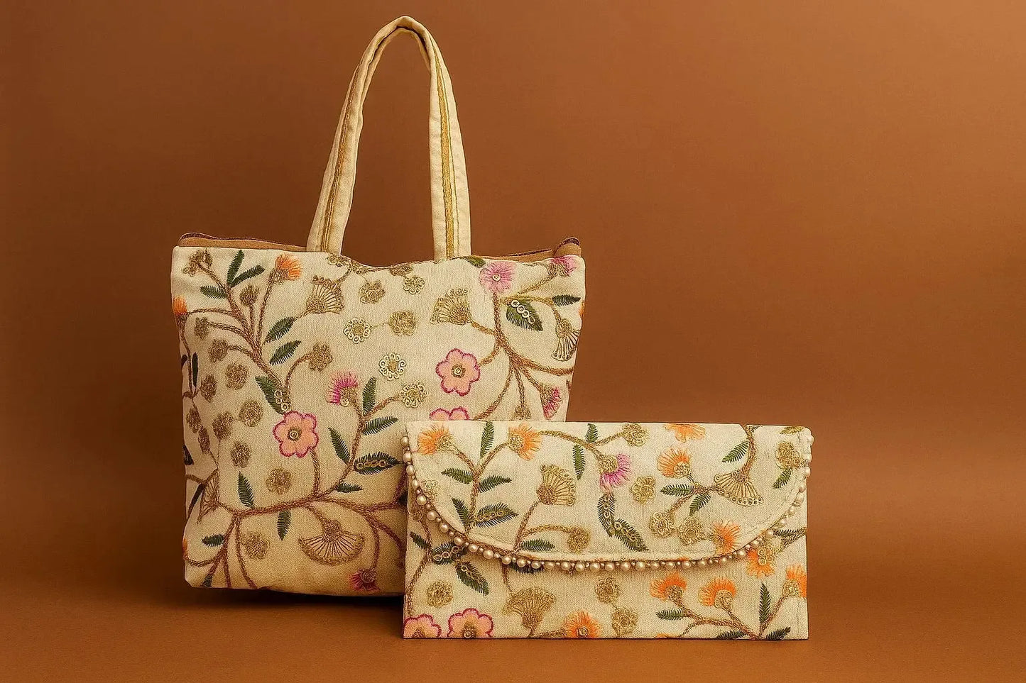 Handcrafted Embroidered Tote & Clutch Combo Set - Ethnic Shoulder Bag with Matching Evening Purse