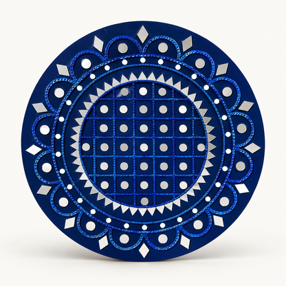 Handcrafted Royal Blue Majesty Lippan Art Wall Decor (14-Inch MDF Base) – Premium Monochrome Mud & Mirror Work Mandala