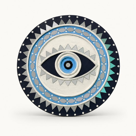 Handcrafted Evil Eye Lippan Art Wall Hanging (8-Inch MDF Base) – Traditional Mud & Mirror Work Protection Charm