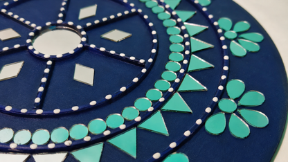 Handcrafted Royal Blue & Turquoise Mandala Lippan Art Wall Mirror (12-Inch MDF Base) – Traditional Mud & Mirror Work Hanging