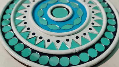 Handcrafted Coastal Sky Blue Mandala Lippan Art (6-Inch MDF Base) – Premium Turquoise Mud & Mirror Work Wall Hanging