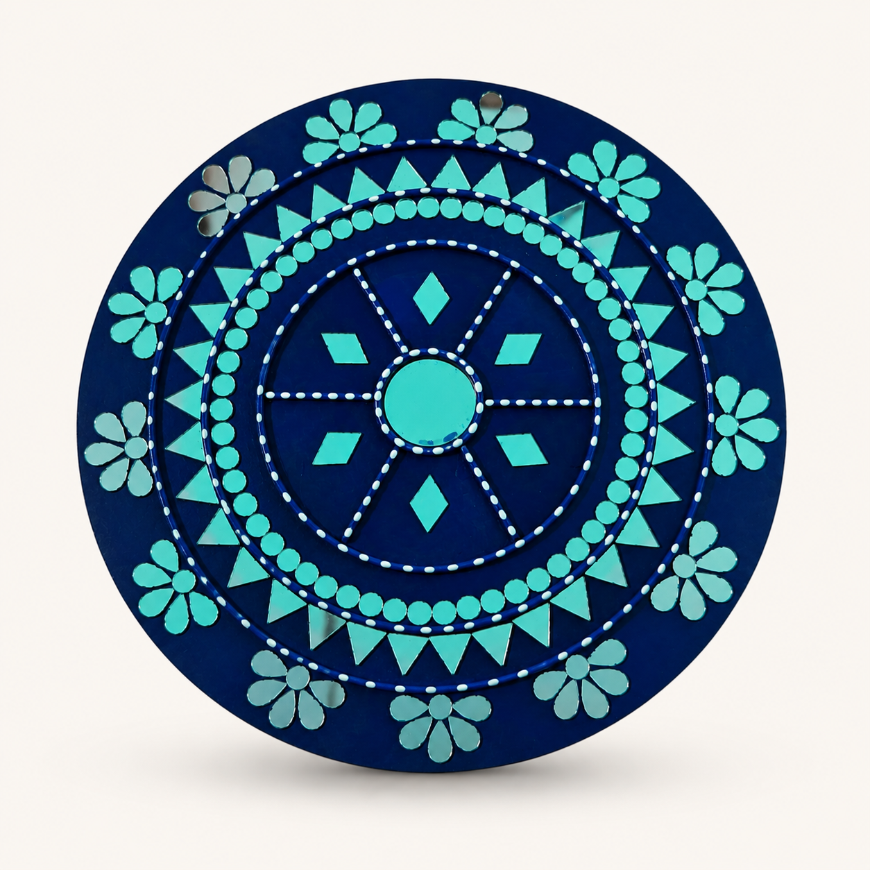 Handcrafted Royal Blue & Turquoise Mandala Lippan Art Wall Mirror (12-Inch MDF Base) – Traditional Mud & Mirror Work Hanging