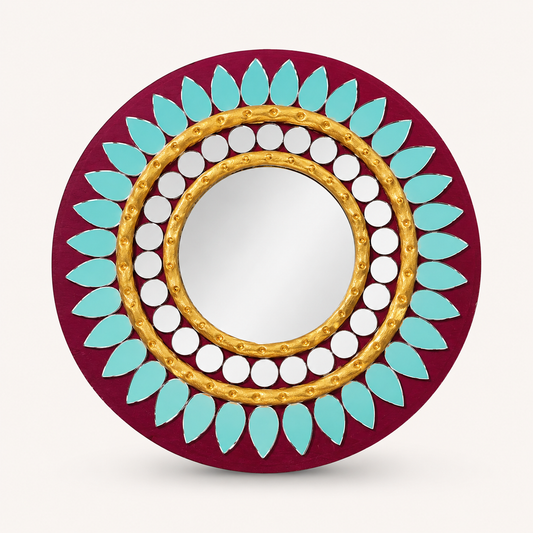 Handcrafted Regal Burgundy & Gold Lippan Art Mirror (6-Inch MDF Base) – Traditional Mud & Mirror Work Wall Accent