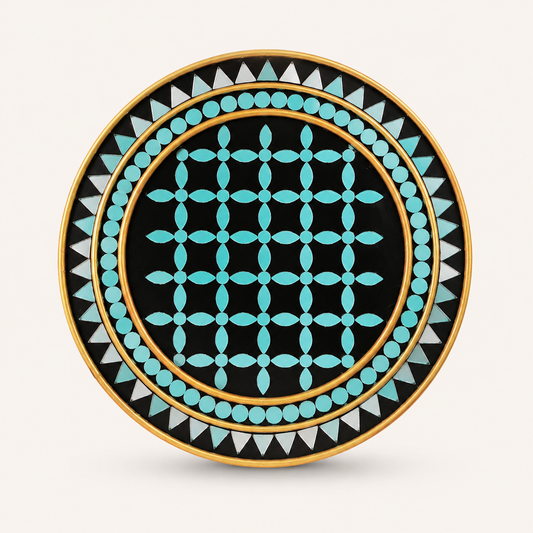 Handcrafted Luxury Turquoise Floral Grid Lippan Art (10-Inch MDF Base) – Premium Black & Gold Mud-Mirror Work Mandala