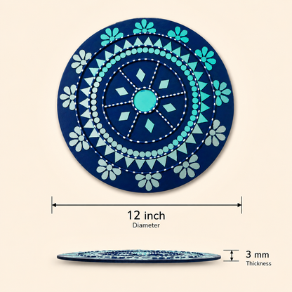 Handcrafted Royal Blue & Turquoise Mandala Lippan Art Wall Mirror (12-Inch MDF Base) – Traditional Mud & Mirror Work Hanging