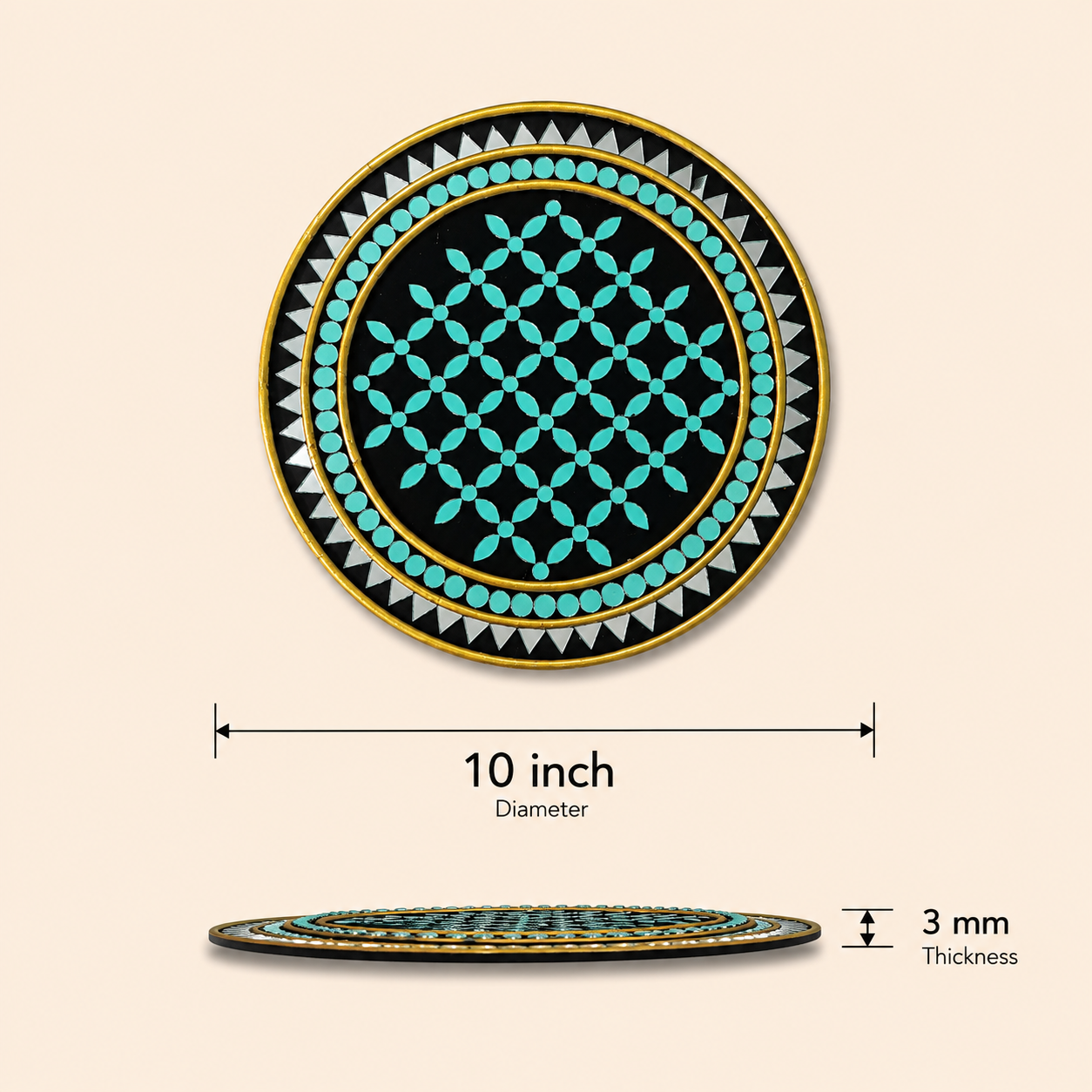 Handcrafted Luxury Turquoise Floral Grid Lippan Art (10-Inch MDF Base) – Premium Black & Gold Mud-Mirror Work Mandala