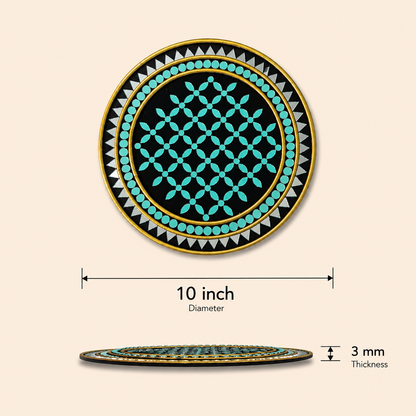 Handcrafted Luxury Turquoise Floral Grid Lippan Art (10-Inch MDF Base) – Premium Black & Gold Mud-Mirror Work Mandala