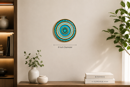Handcrafted Ocean Turquoise Mandala Lippan Art (6-Inch MDF Base) – Premium Blue & Gold Mud-Mirror Work Wall Hanging