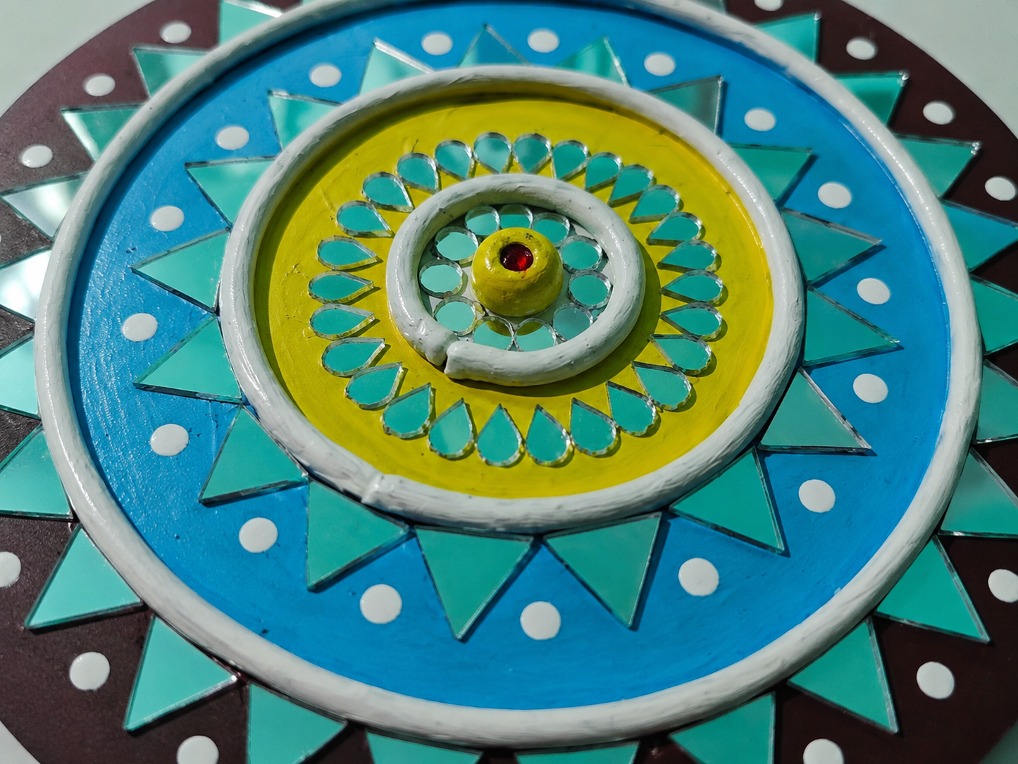 Handcrafted Lime & Sky Blue Sunburst Lippan Art (6-Inch MDF Base) – Modern Indian Mud & Mirror Work Mandala