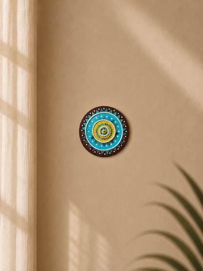Handcrafted Lime & Sky Blue Sunburst Lippan Art (6-Inch MDF Base) – Modern Indian Mud & Mirror Work Mandala