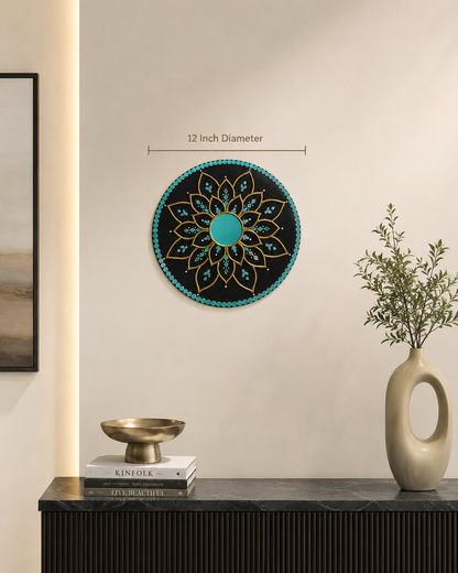 Handcrafted Black & Gold Lotus Mandala Lippan Art Wall Mirror (12-Inch MDF Base) – Premium Turquoise Mud-Mirror Work