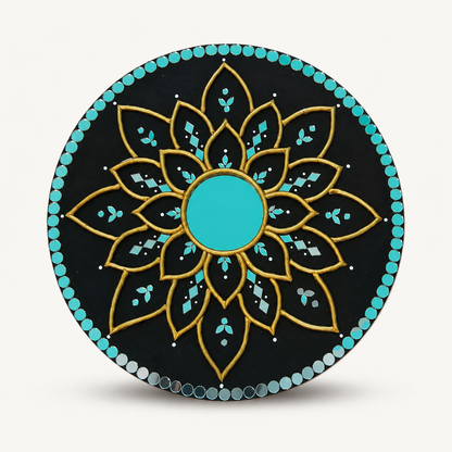 Handcrafted Black & Gold Lotus Mandala Lippan Art Wall Mirror (12-Inch MDF Base) – Premium Turquoise Mud-Mirror Work