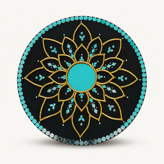 Handcrafted Black & Gold Lotus Mandala Lippan Art Wall Mirror (12-Inch MDF Base) – Premium Turquoise Mud-Mirror Work