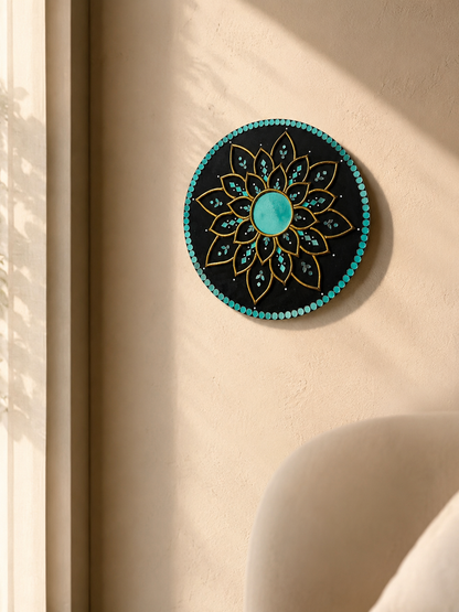 Handcrafted Black & Gold Lotus Mandala Lippan Art Wall Mirror (12-Inch MDF Base) – Premium Turquoise Mud-Mirror Work