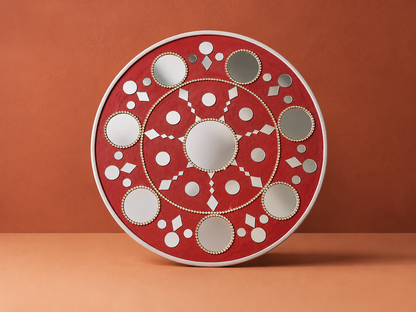 Handcrafted Crimson Red Star Mandala Lippan Art Wall Decor (12-Inch MDF Base) – Festive Mud & Mirror Work Hanging